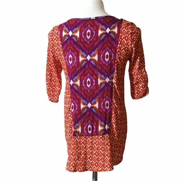 ANTHROPOLOGIE Akemi + Kin Boho Tunic Blouse Top Womens Ikat Red/Purple Sz Small - Picture 3 of 6